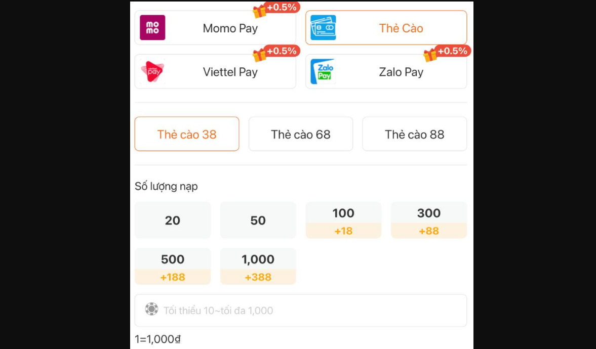 Nạp tiền 3WIN qua thẻ cào